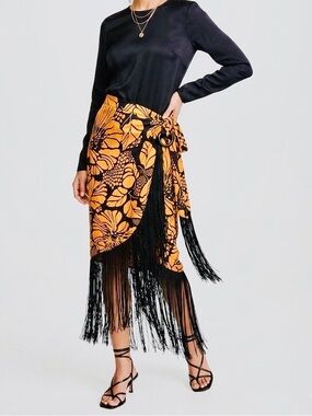 AZULU Floral Gold Satin & Black Fringe Wrap Midi Skirt